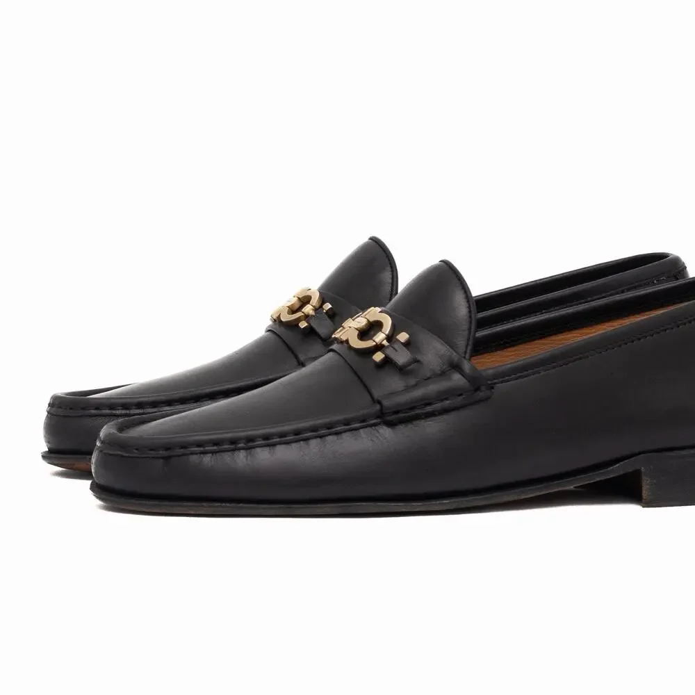 950$ SALVATORE FERRAGAMO Black Leather Gold Gancini Bit Loafers US 10.5 D